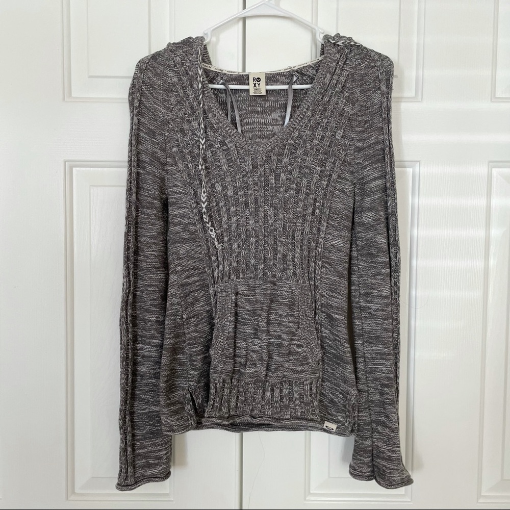 (S) Roxy Long Gray Cable Knit Hoodie Sweater